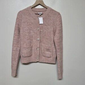 J. Crew Shimmer Lady Button Front Crew Neck Knit Cardigan Rose Blush Metallic M